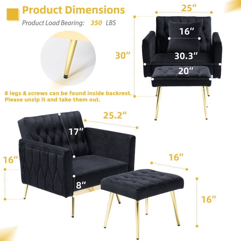 Siemon Velvet Accent Chair with Ottoman, Black Velvet