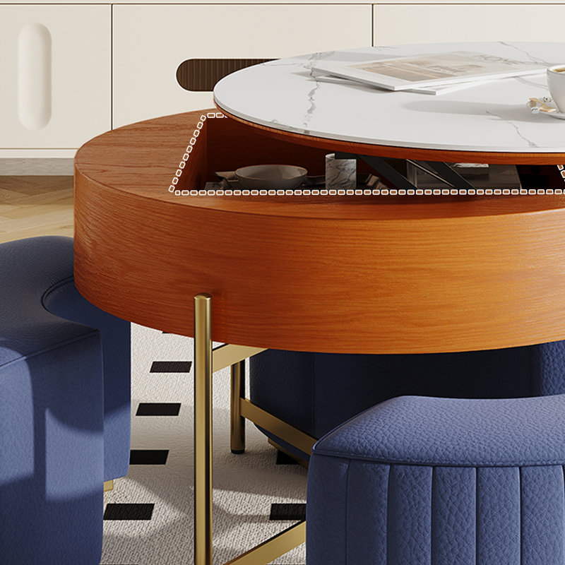 Table basse à plateau relevable moderne avec plateau en faux marbre, rangement caché et 3 repose-pieds gigognes en cuir bleu marine