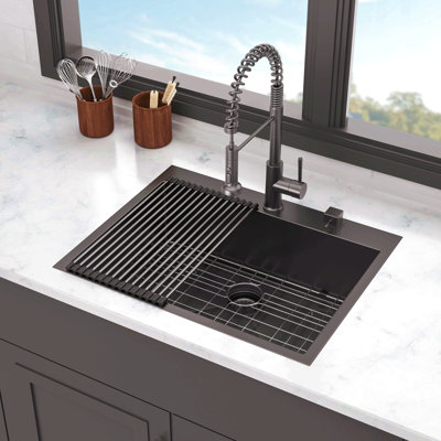Black Drop Sink, 28X22 Inch Drop In Kitchen Sink Gunmetal Black Topmount 16 Gauge Deep Single Bowl Stainless Steel Sink Basin