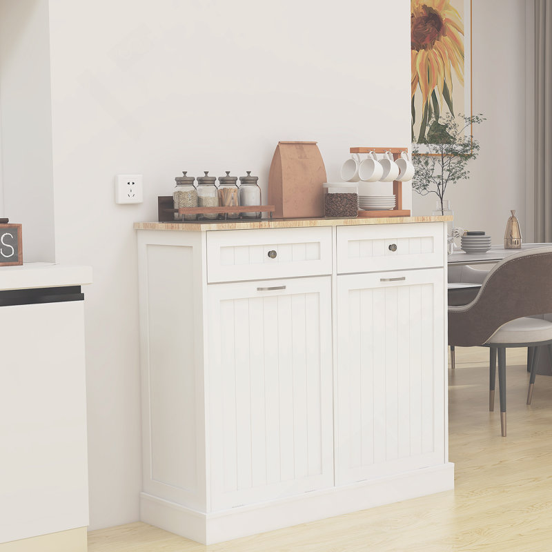 Armoire poubelle de cuisine à deux tiroirs et deux compartiments inclinables - blanc, Blanc