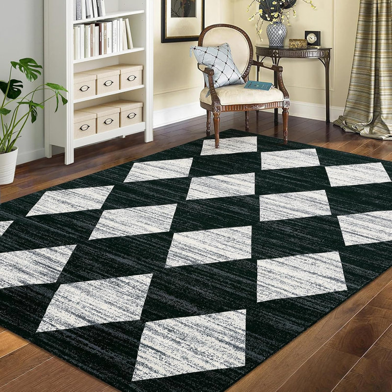 Tapis de couloir lavable, à carreaux modernes, antidérapant, moelleux pour couloir, cuisine, salle de bain, noir