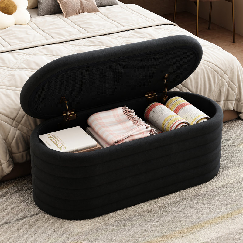 40-Inch Black Upholstered Storage Seat - Fabric Bench For Bedroom, Living Room With Hinge Bedroom & Fabric, Hinge, Extra Seating And Resistance