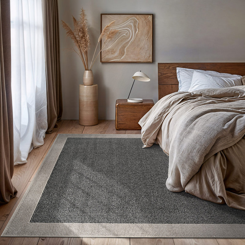 Tapis moderne à motif géométrique moderne à bordure, Rectangulaire 7 pi 10 po x 10 pi, Noir