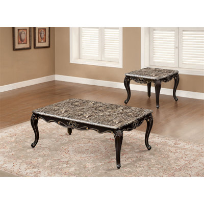Table basse de style transitionnel, plateau en marbre, pieds cabriole, détails courbés dorés, finition noyer foncé (table incluse seulement)