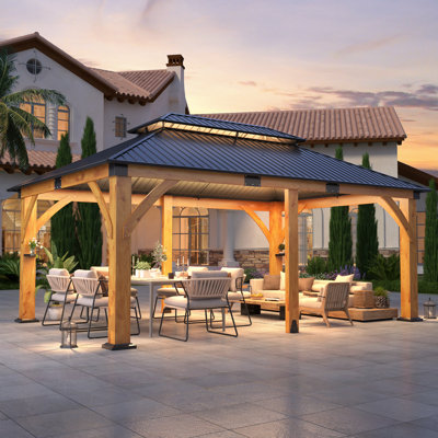 Outdoor Spruce Wood Hardtop Gazebo, Patio Double Roof Galvanized Steel Hardtop Gazebo for Patio, Deck, Backyard, Lawn, and Garden