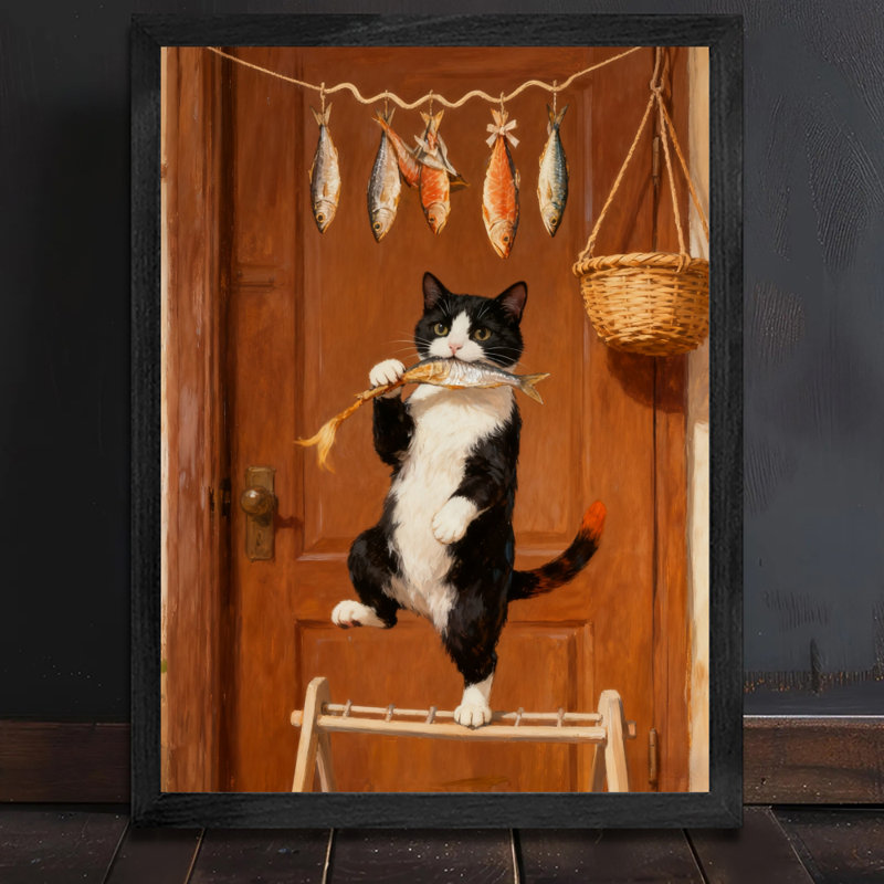 Reproduction d'art encadré noir avec chats rétro et leurs délicieux poissons séchés, H 37 po x l 25 po