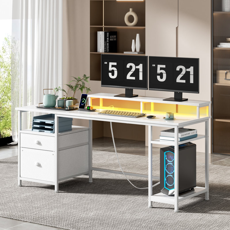 Computer Desk With Led Lights And Power Outlets, Gaming Desk With Monitor Stand,Home Office Writing Desk With Storage