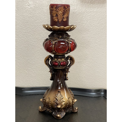 Tall Red and Brown Faux Marble Candle Holder with Candle