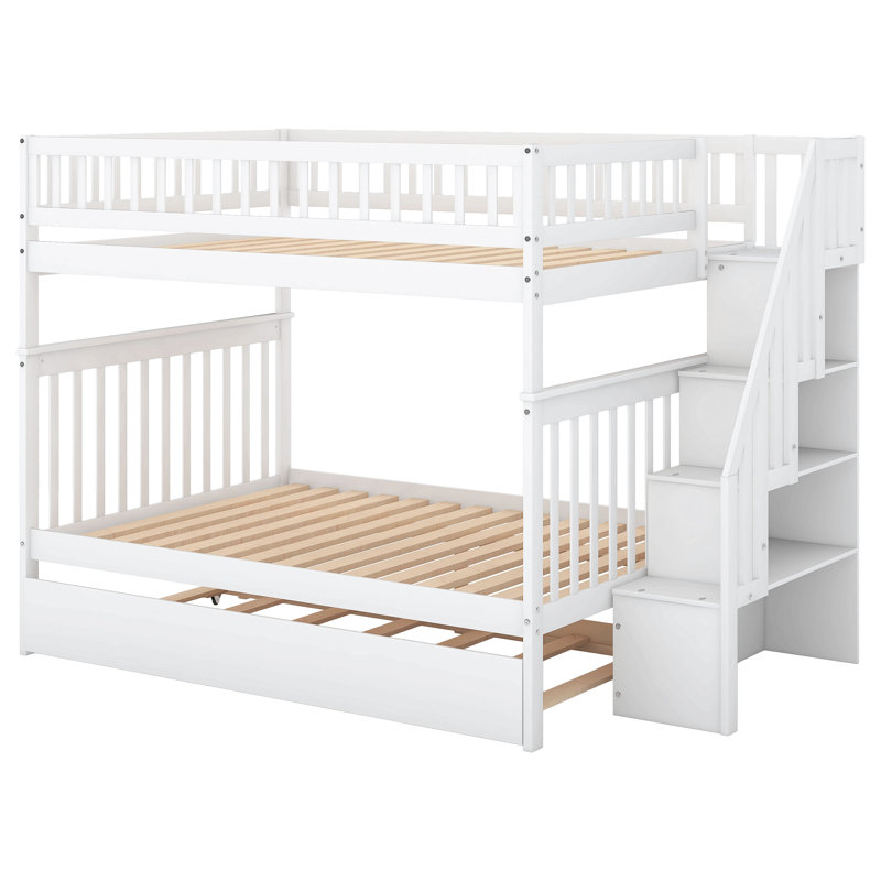 Lit superposé avec lit gigogne et escalier, Double XL, Blanc