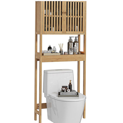 Armoire de rangement en bambou au-dessus de la toilette, organisateur de salle de bain au-dessus de la toilette avec portes à lattes, tablette réglable et tablette ouverte, naturel