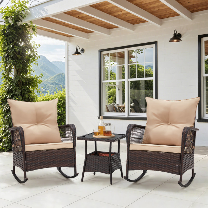 3 Pcs Rocking Bistro Set, Outdoor Pe Rattan Rocking Chairs With Tempered Glass Coffee Table, Patio Rattan Rocker Set For Porch And Garden