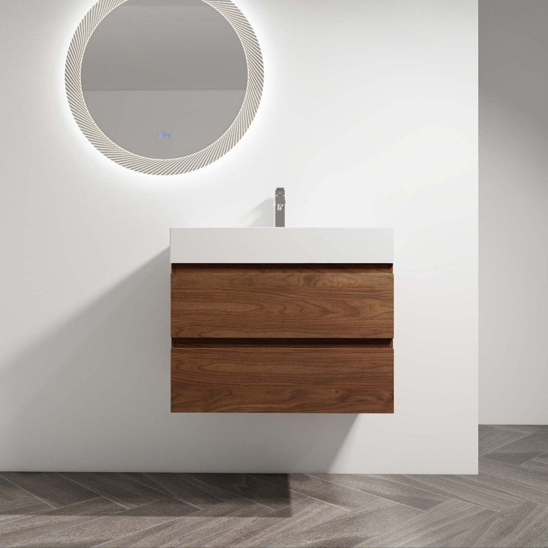 Meuble-lavabo mural avec lavabo en résine, 30", Brun