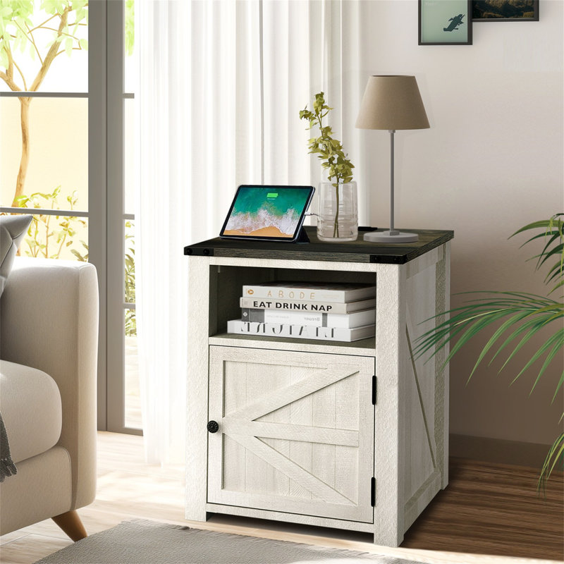 Gracie Oaks Nightstand With A Cabinet, 2 Built-In AC Outlets, 1 USB And 1 Type C, Ivory, Individual
