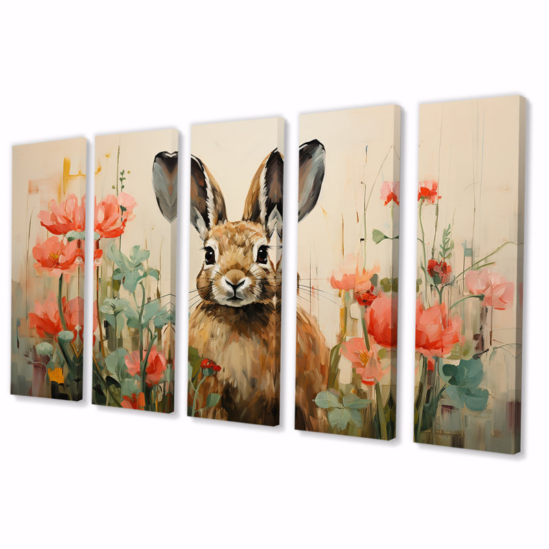 «Curious Floral Rabbit Meadow I», ensemble d'art mural 5 pièces, H 32 po x l 80 po