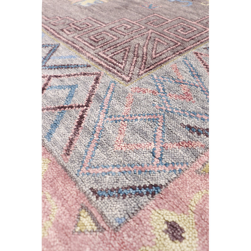 Khotan Hand Knotted Wool Geometric Area Rug in Gray/Rose