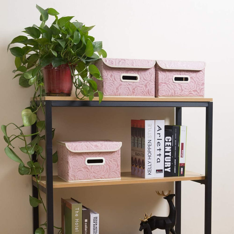 Stackable Storage Boxes With Lids [5-Pack] Fabric Decorative Storage Bins Cubes Organizer Containers Baskets With Cover Handles Divider For Bedroom Closet Living Room