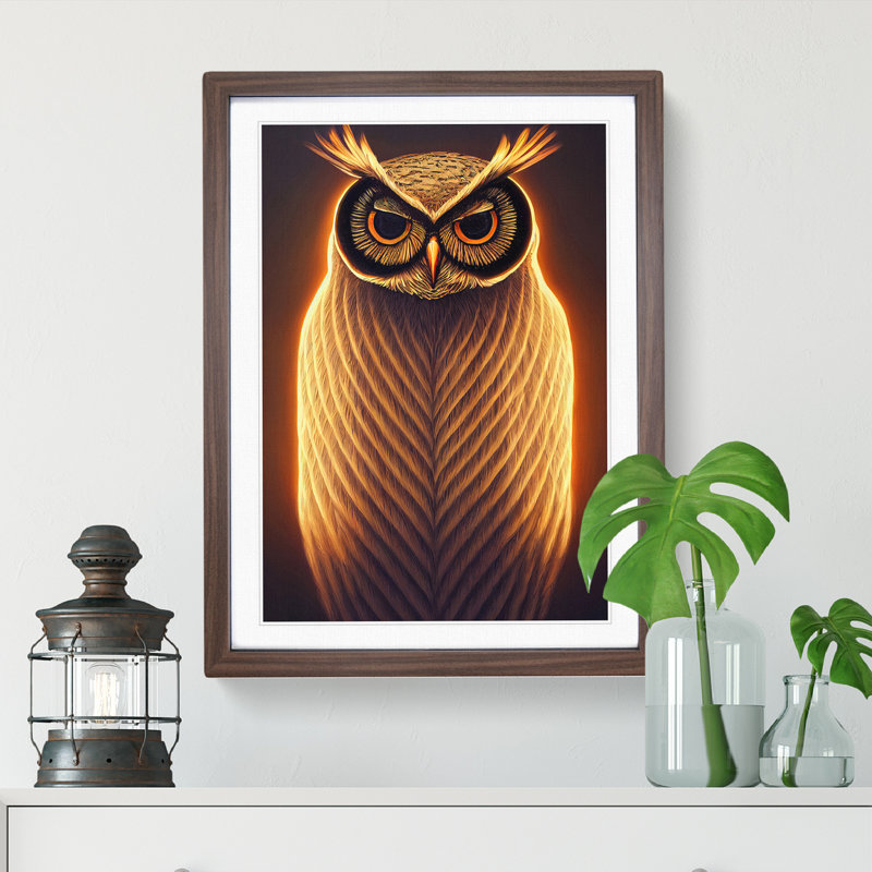 Glowing Owl - Single Picture Frame Print, 46cm H x 34cm W x 2cm D, Walnut
