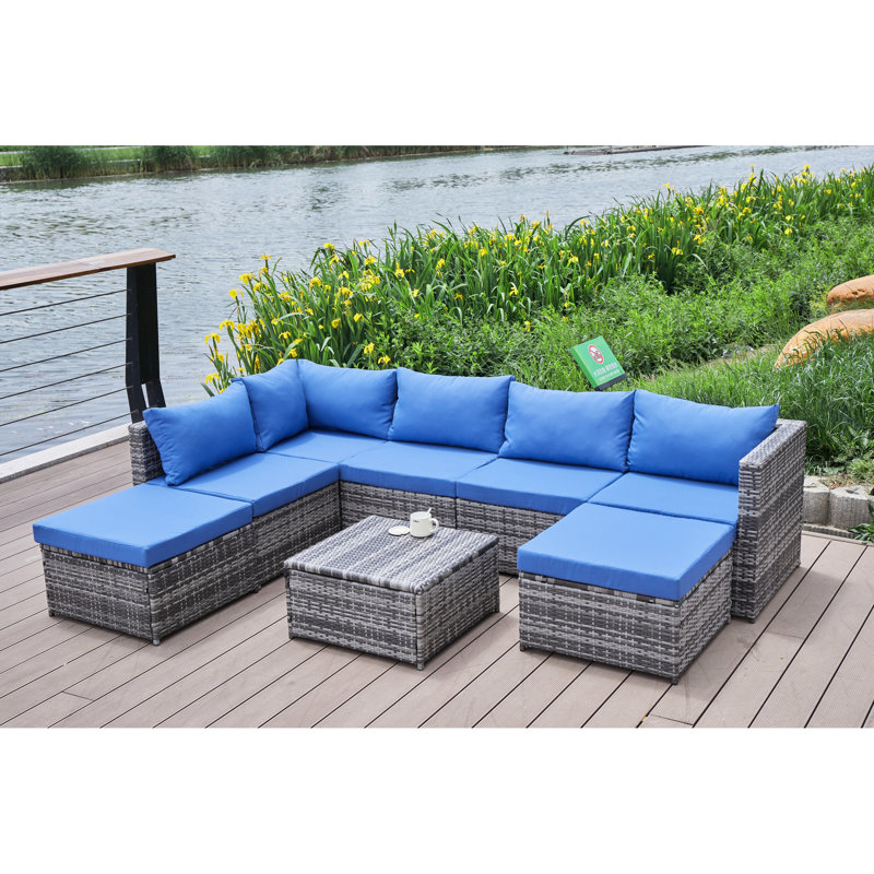 Patio With Cushions - Make Your Porch A Cozy Retreat. Iron Frame Powder Coating. Handwoven Pe In Grey Blend. Water- Blue And Cushion Padding. Ideal For Patio, Deck, Backyard, Or Outdoor Unwind