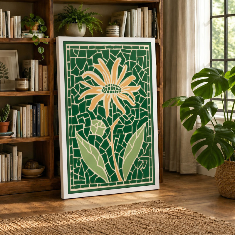 Mosaic Flower Art Deco 1 Piece Wrapped Canvas Wall Art, 36x24 - 91.4 x 61.0 cm, Cream Border