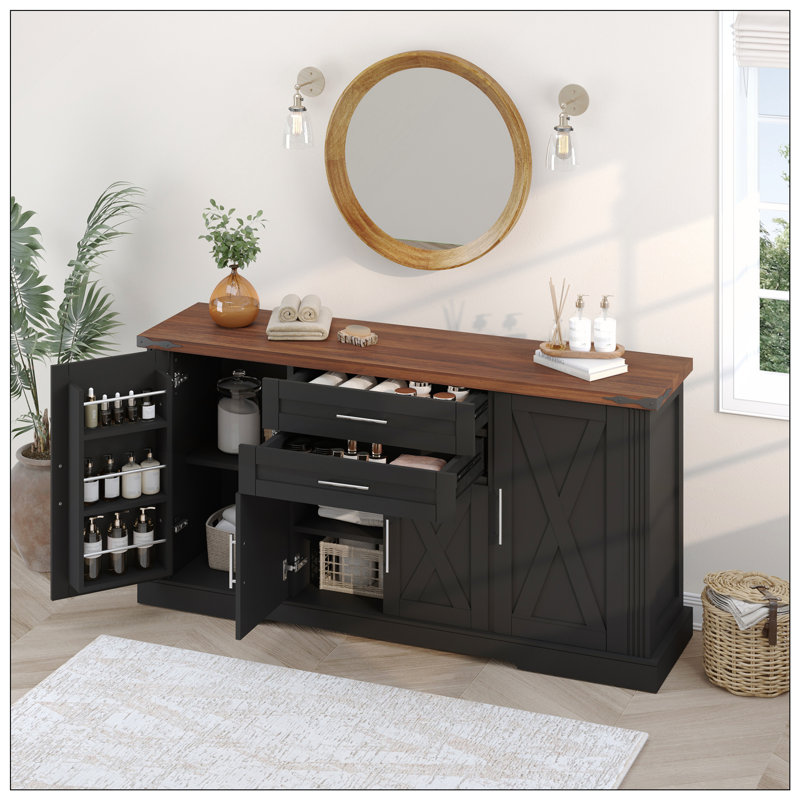 63 Inch Farmhouse Barn Door Storage Cabinet with 2 Drawers, Adjustable Shelves, and Door Rack for Versatile Home Use, Black