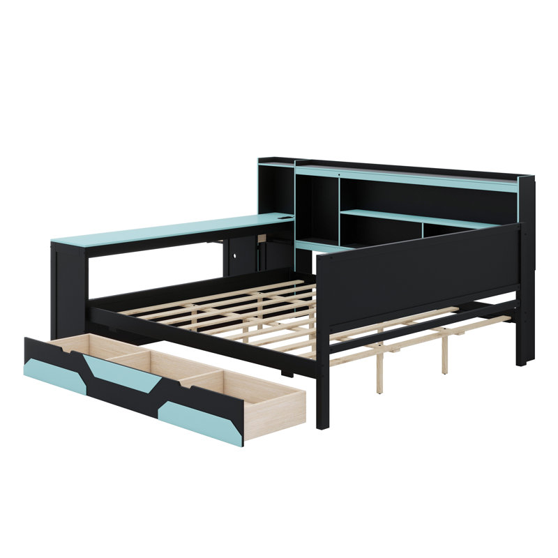 Modern Bed Frame with Built-in Charging Station and Storage Drawers, Black+Blue