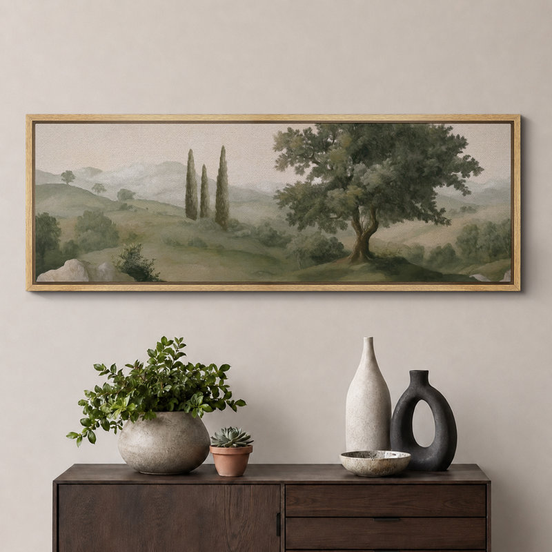 «Tuscan Hills and Cypress Trees», impression sur toile encadrée - décor de paysage méditerranéen, H 20 po x l 60 po, Naturel