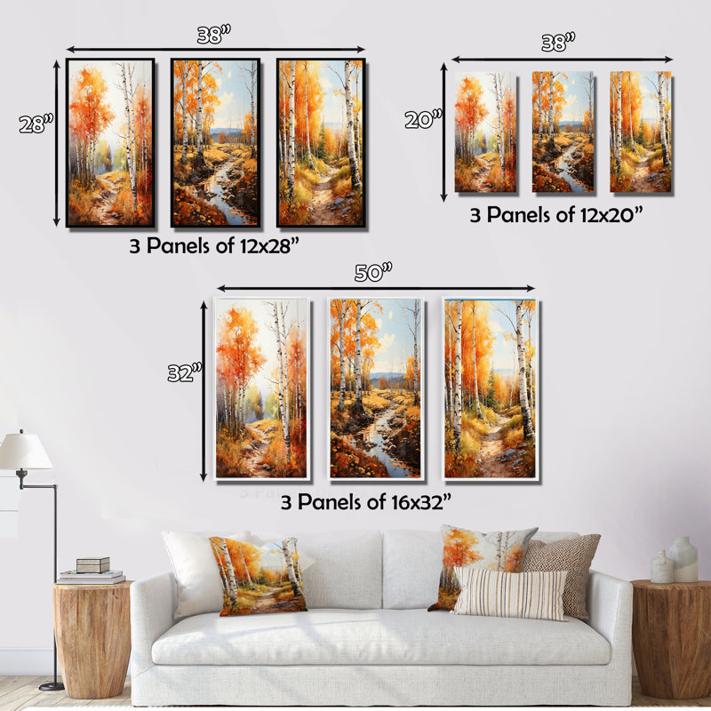 Birch Woods Autumn Sonata - Ensemble de 3 pièces, Encadrement doré, H 20 po x l 36 po