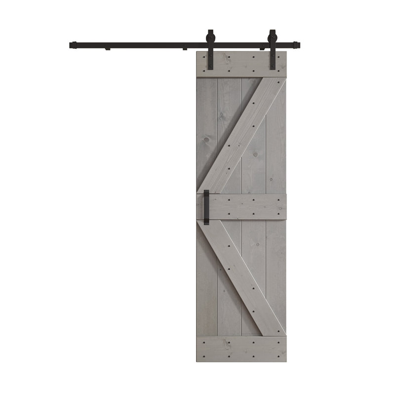 Porte de grange nouée à panneaux en bois et métal K Series, 30 po x 84 po, Gris clair