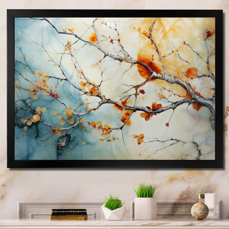 Orange, bleu sarcelle, érable brillant, agate I - arbre érable, art mural, Cadre simple noir, H 12 po x l 20 po x P 1 po