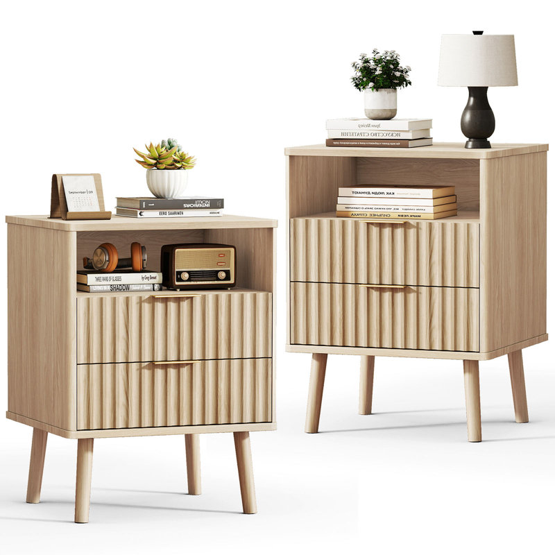Fluted Nightstand Set of 2, 18" Modern Side Table, 2 Drawers End Table with Storage, Bedside for Bedroom, Living Room, Curved Profile Design
