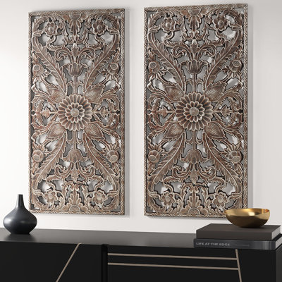 2 Wall Decor - Distressed Wood With Lotus Flower Pattern Bronze Finish Indoor Accent 15.75"W X 31.5"H 0.59"D Panel Of 2