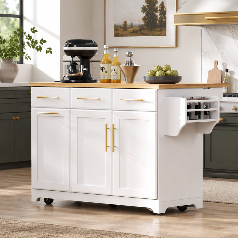 Kitchen Island with Rubber Wood Drop Leaf, 2 Pull Out Organizers & Trash Can Storage, Rolling Cart with Power Outlet, Spice & Towel Racks for Kitchen & Dining