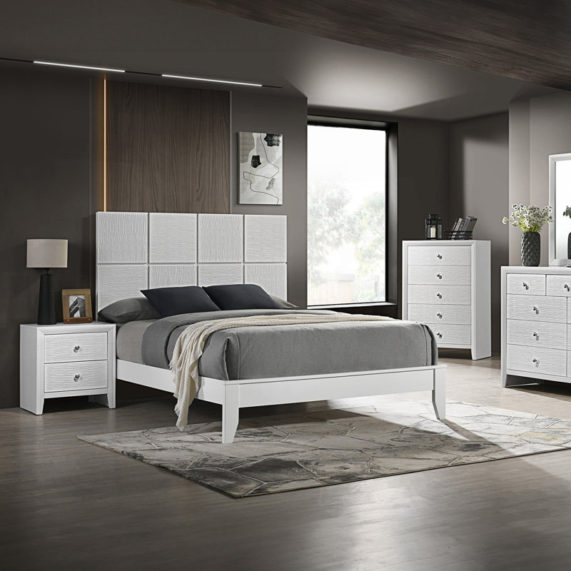 Lit grand format 1Pc avec tête de lit à panneaux géométriques