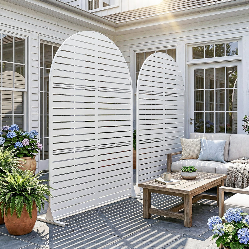 72" H x 47" W Arched Metal Freestanding Outdoor Privacy Screen Garden Fence Panel for Patio, Balconies, and Pools, White