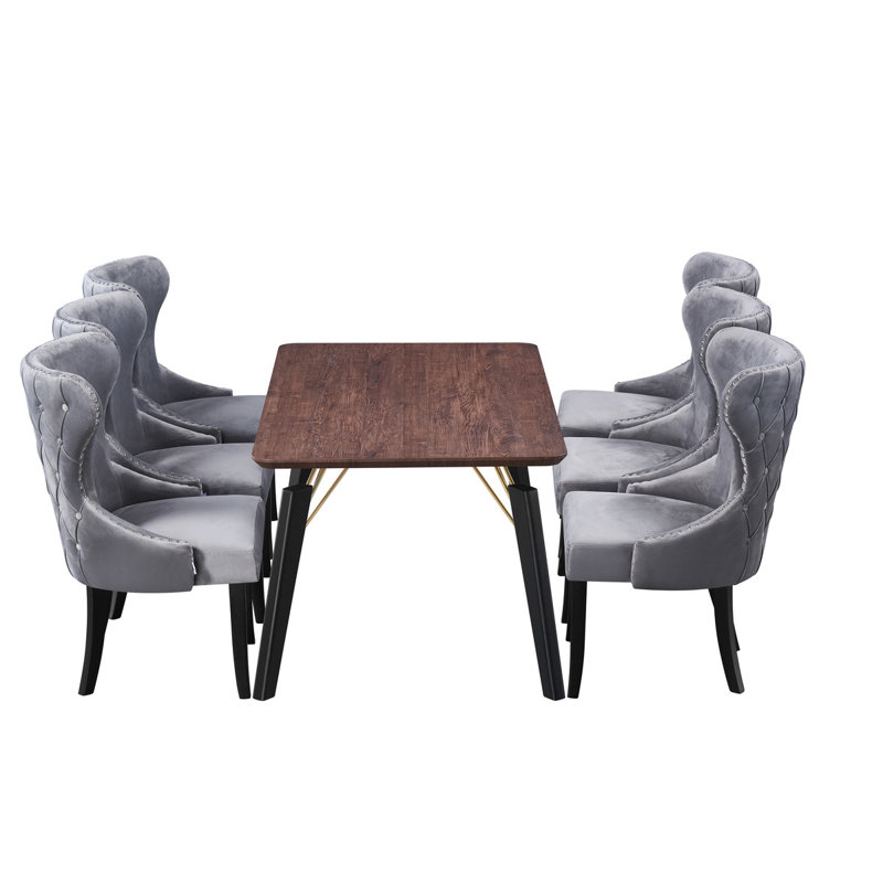 Bootle 6 Person Dining set - a Rectangular Wooden Dining Table with Metal Legs and a Set of 6 Quilted Velvet Dining Chairs for Dining Room - Modern Dining Table Set
