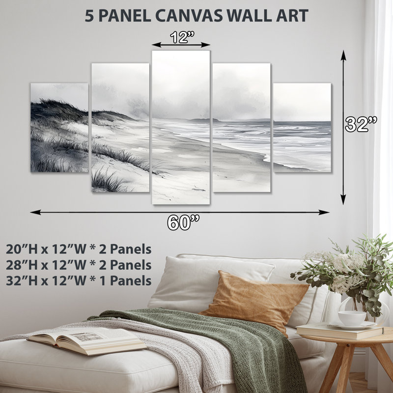 «Ocean Shore Line In Mexico - Beach Wall Art», ensemble de 5 reproductions sur toile grises