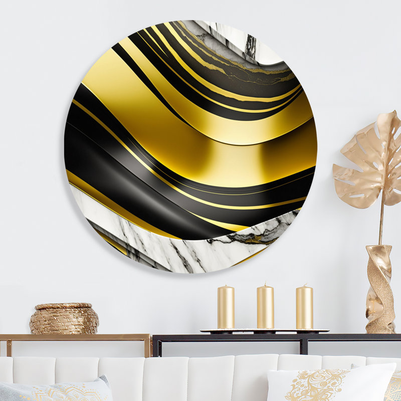 «Abstract Geode Marble Waves Gold I», art mural rond abstrait sur métal, L 23 po x H 23 po