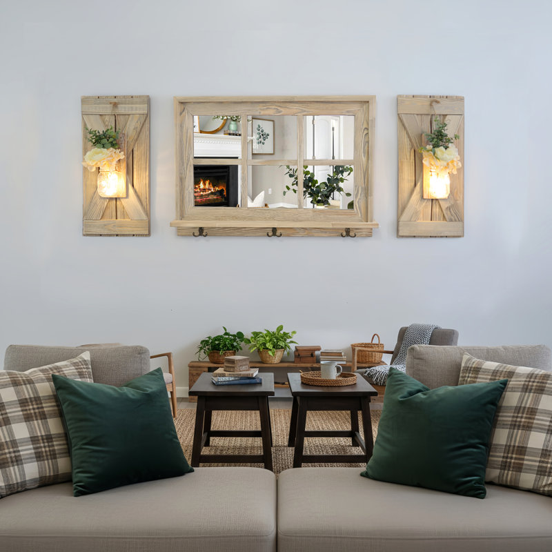 Light Brown Window Pane Mirror with X-Style Shutters and Set of 2 Mason Jar Sconces