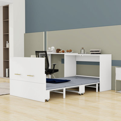 Twin-Size Wood Murphy Bed with Adjustable Desk and Built-In Cushion