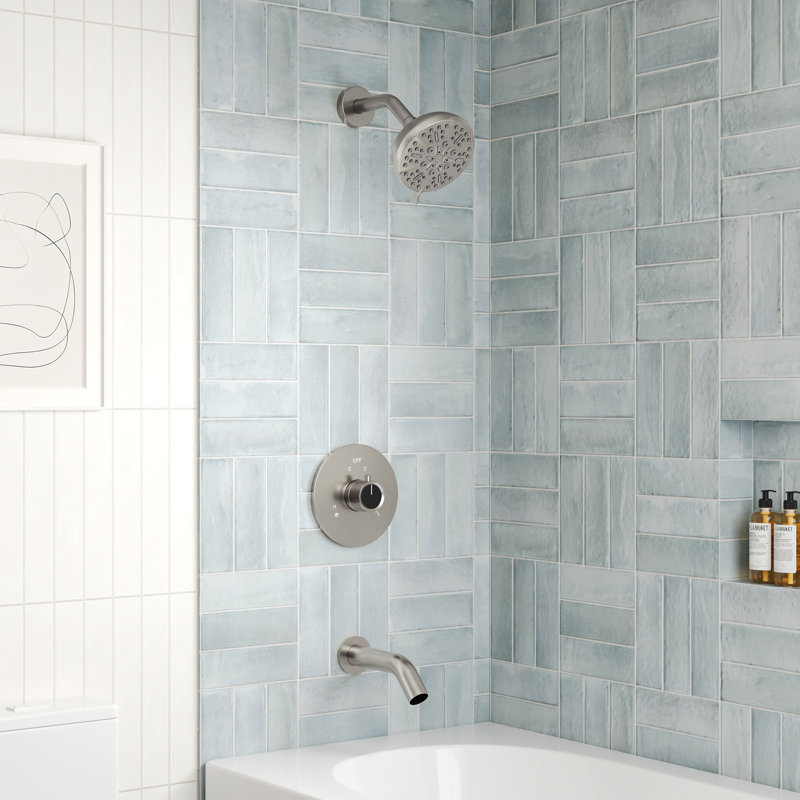 Ensemble de robinet de baignoire et douche, pomme de douche à 5 jets avec valve, Nickel brossé