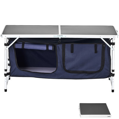 Station de cuisson portative, 3 hauteurs réglables, aluminium et plastique, bleu, optimisation de l'espace de camping avec réglage de la hauteur, structure, cuisine, gestion du rangement