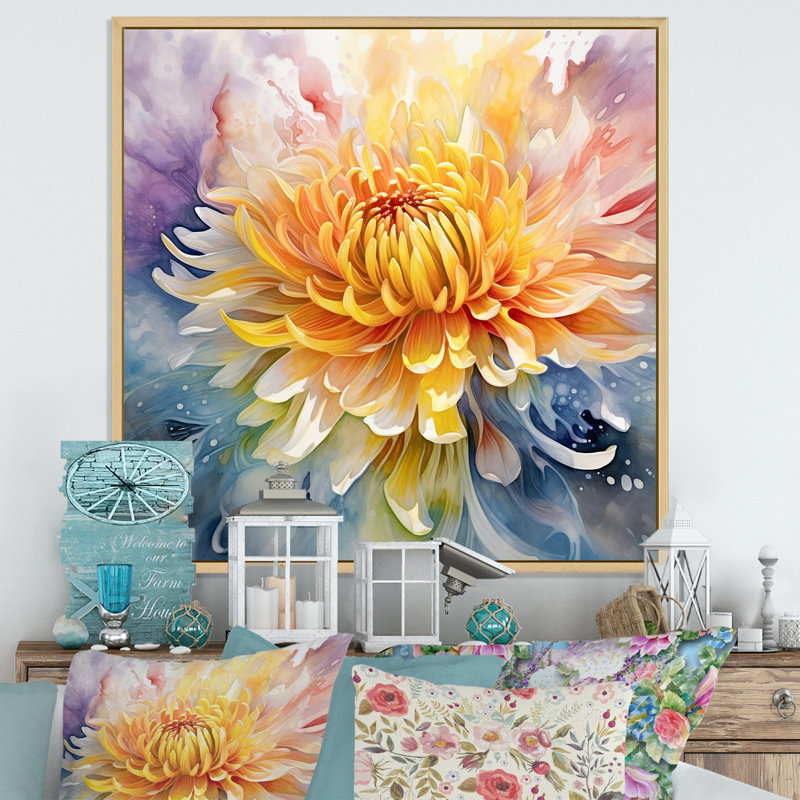 «Modern Blue and Yellow Chrysanthemums - Chrysanthemums», impressions d'art mural, Cadre naturel flottant, H 30 po x l 30 po
