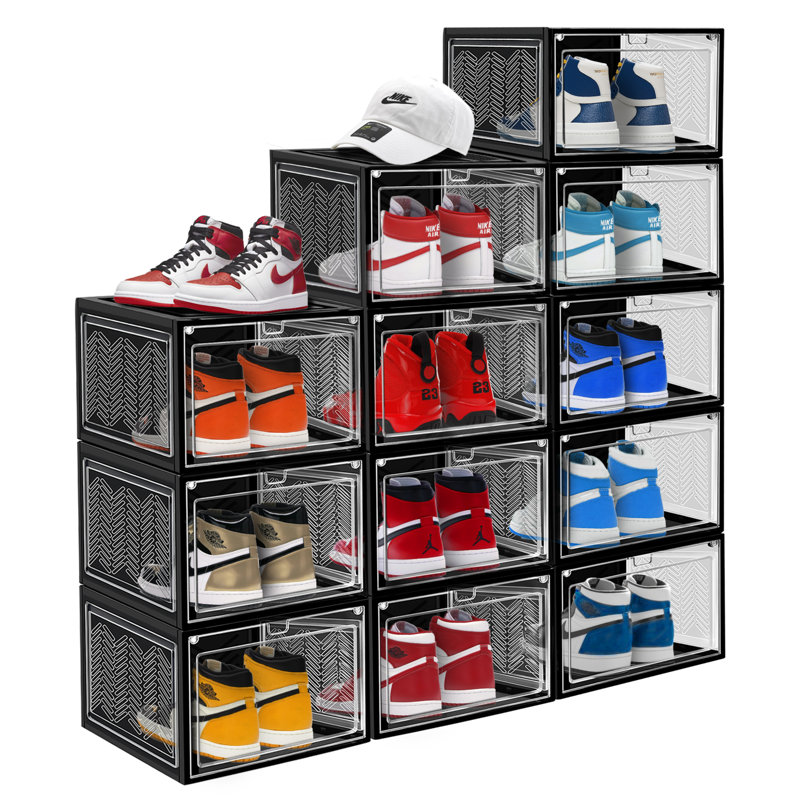 Stackable Large Shoe Containers Shoe Storage Box with Hard Plastic Drop Front for Sneakers, Black
