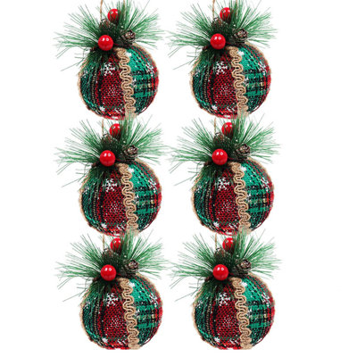 6 pièces de boules de Noël à carreaux Buffalo, décorations de Noël rustiques en mousse à carreaux, décorations en forme d'arbre de Noël pour suspendre des décorations de fête d'anniversaire, 3,15 po de diamètre, style
