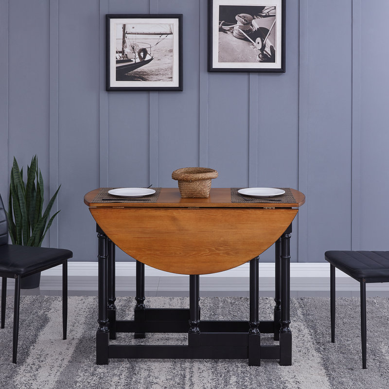 Duncansville Extendable Round Metal Base Dining Table, Black, Dark Walnut