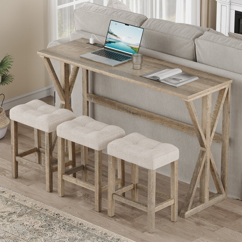4-Piece Farmhouse Counter Height Dining Set with Upholstered Stools for Small Spaces, Beige