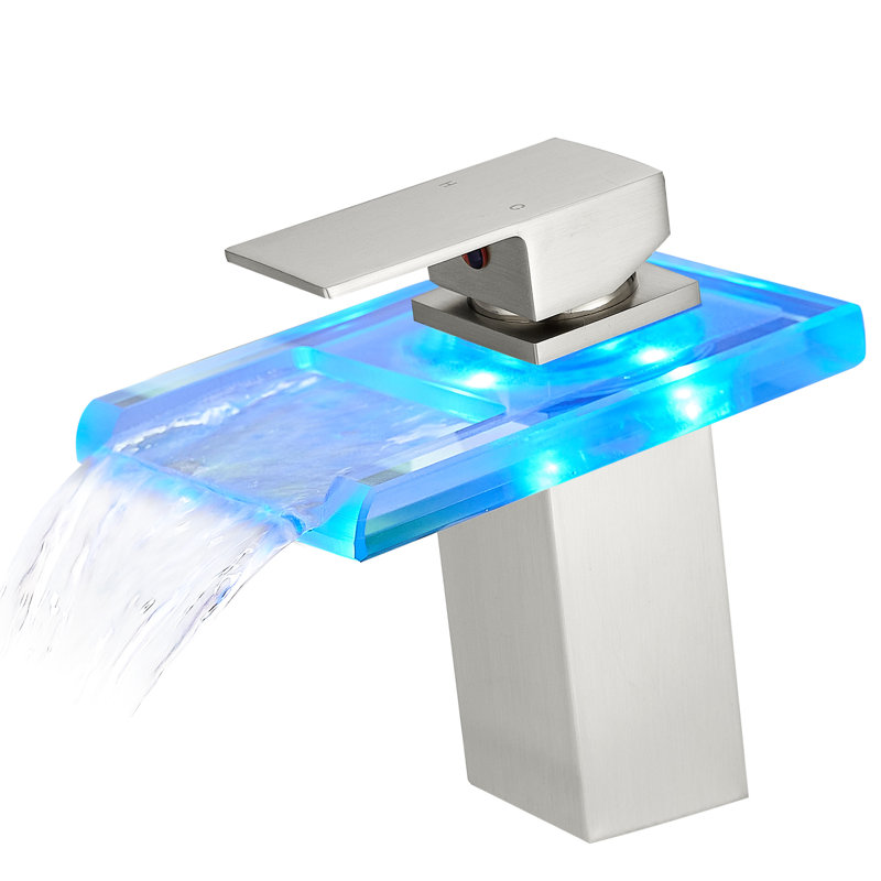 Led Lighted Bathroom Sink Faucet, Waterfall Spout, One Hole Deck Mounted, Single Handle, Hot Cold Water, Side , Nickel Faucet 3 Colors, Mount, Cartridge Valve, Manual Operation, Knob Handles, Ceramic