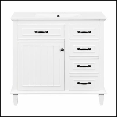 Meuble-lavabo autoportant de 36 pouces avec lavabo en céramique, structure en bois massif, armoire en bois aggloméré et peuplier, tiroirs rabattables et tablette réglable