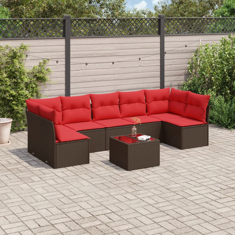 Ensemble de canapé de patio 8 pièces avec coussins en rotin de polyester, Rouge, Brun