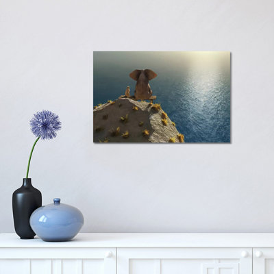 " Elephant And Dog Rest On A Crag Near The Sea " by Mike Kiev